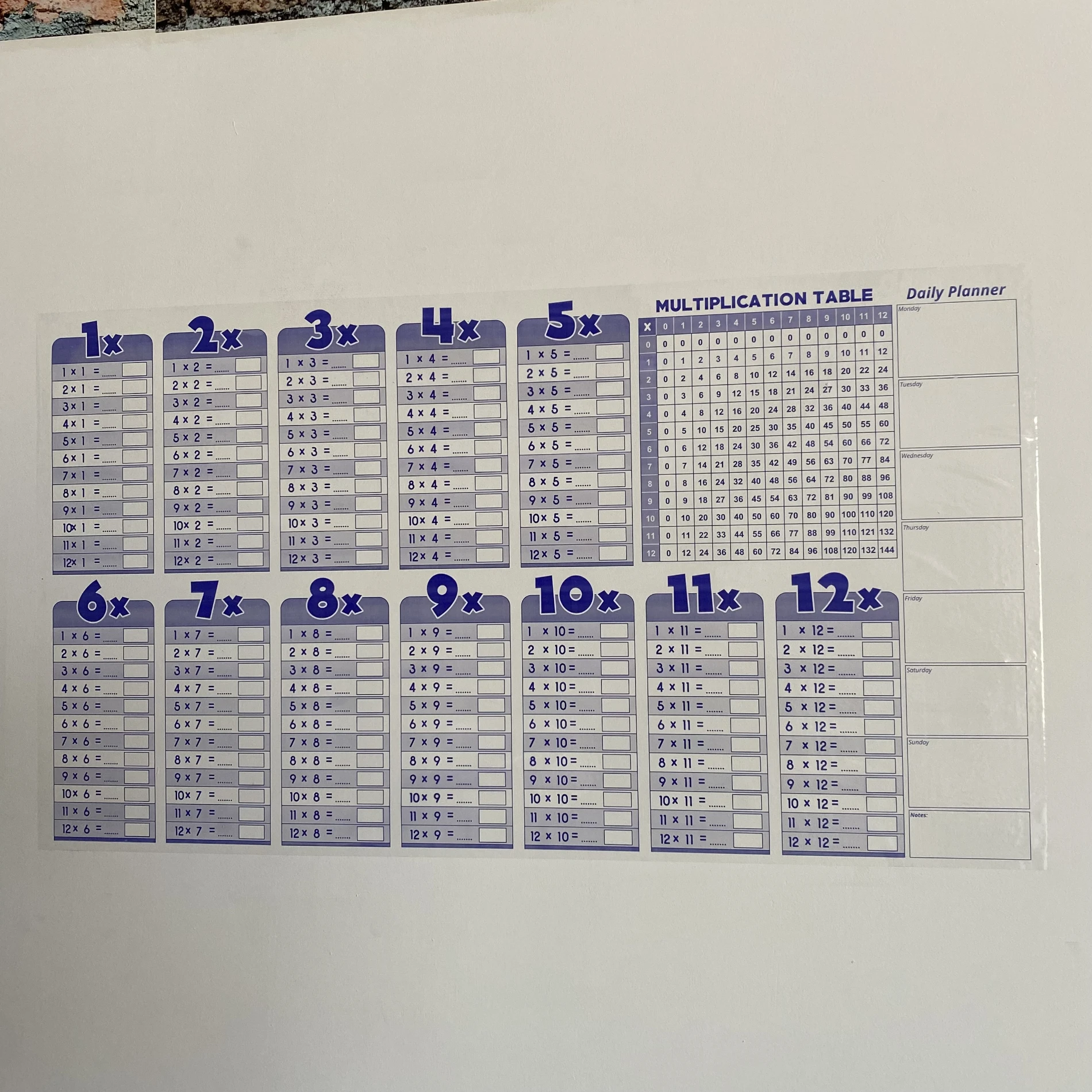 Statik Kağıt İngilizce Çarpım Tablosu 