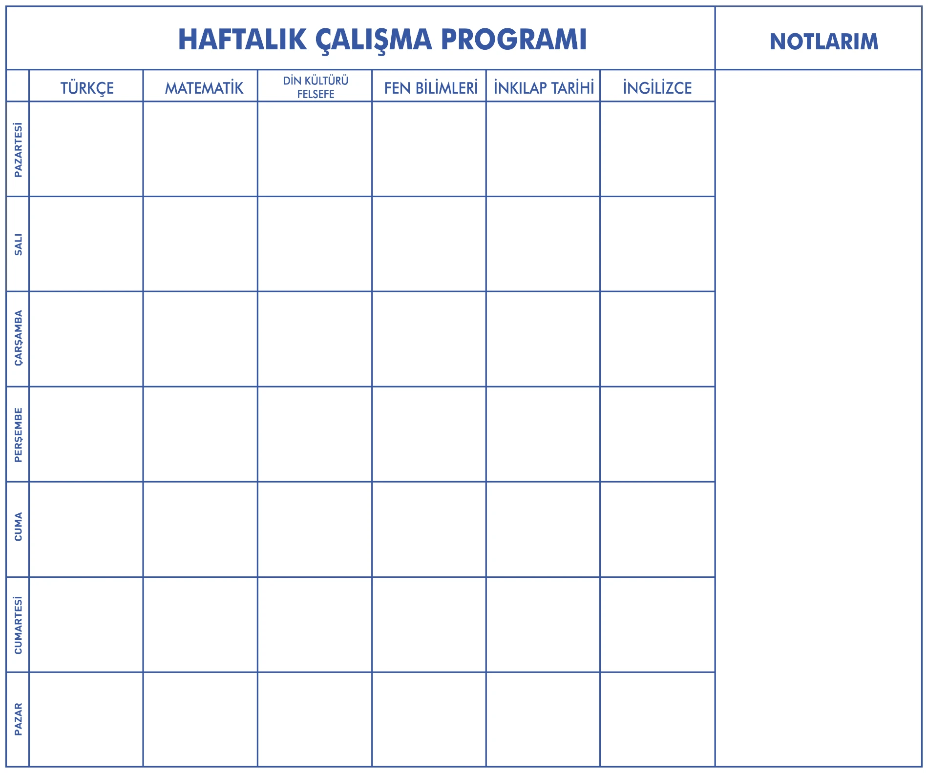 Statik Kağıt 5-6-7-8.Sınıf Haftalık Ders Çalışma Programı 