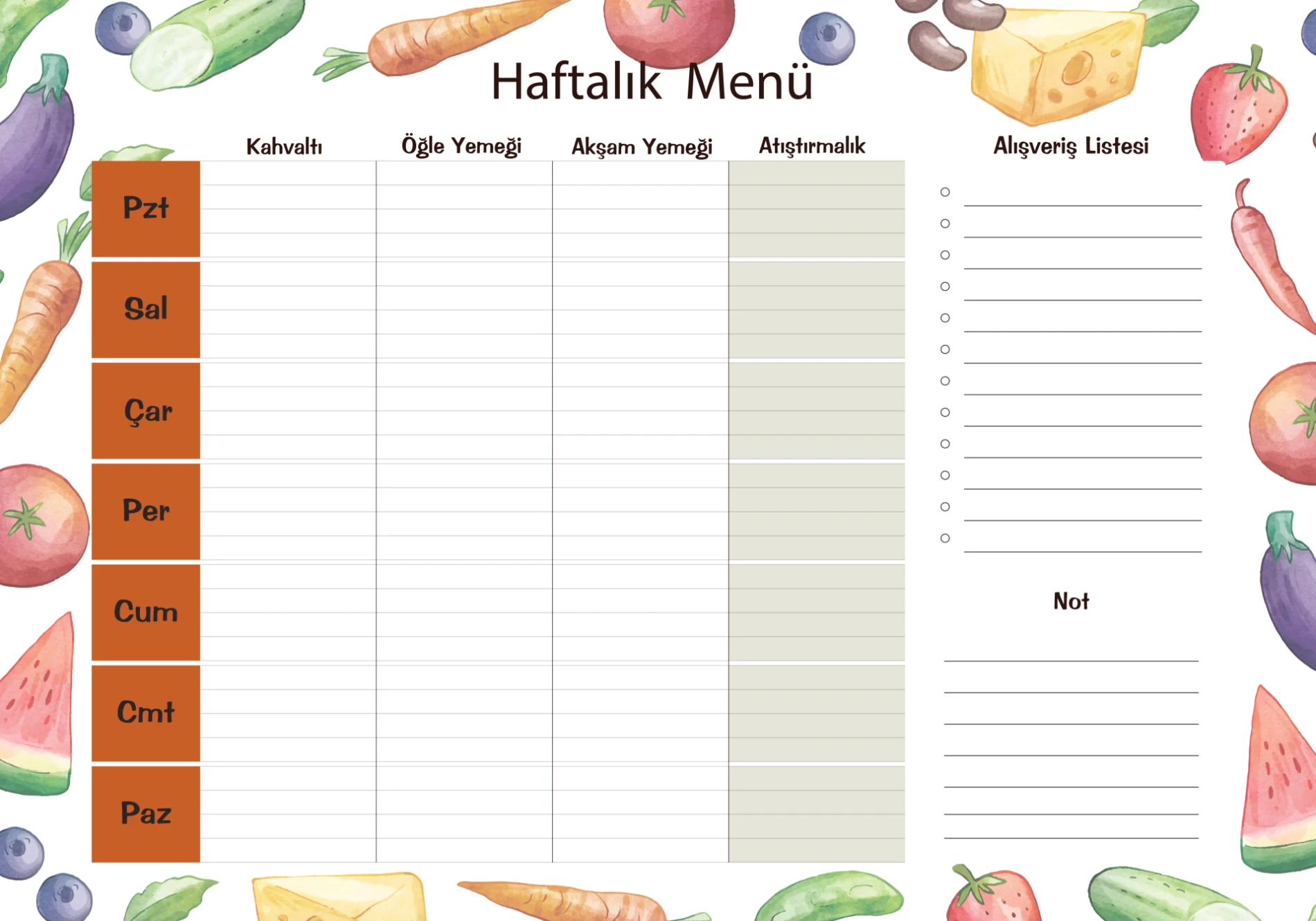 Statik Kağıt Haftalık Menü (Model-2) 