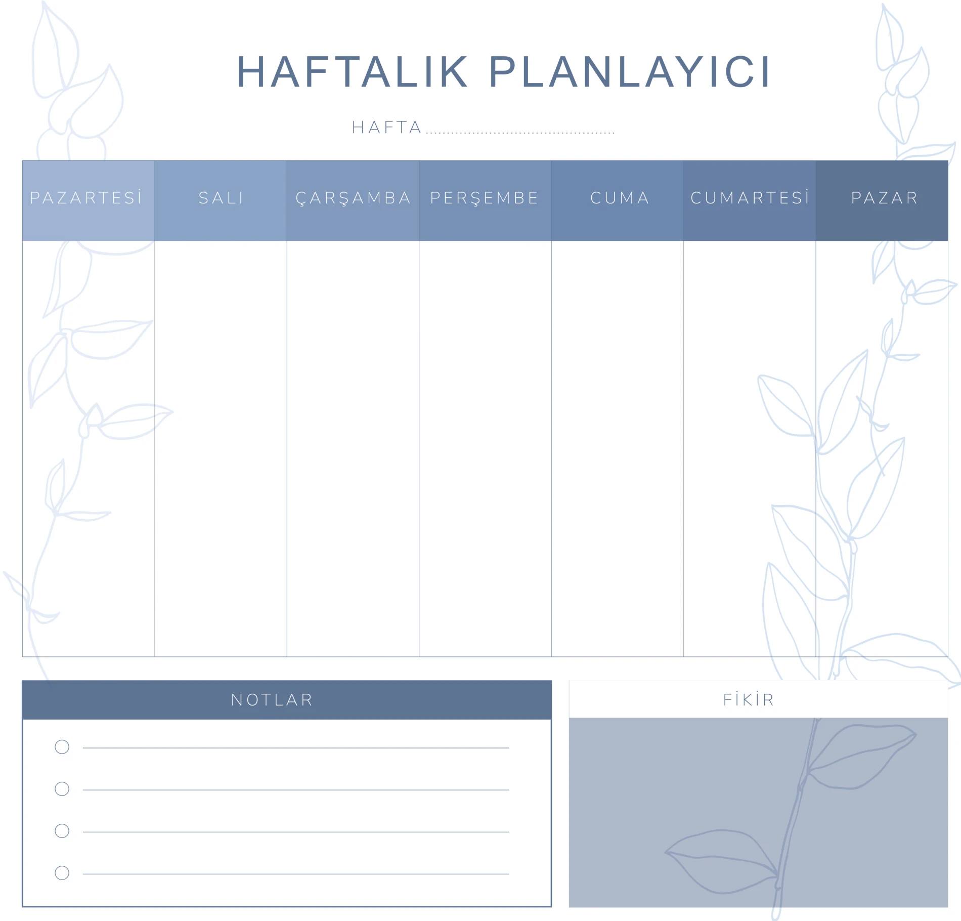 Statik Kağıt Haftalık Planlayıcı (Model -2)  