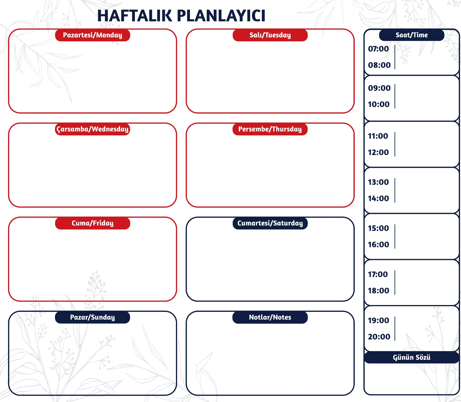 Statik Kağıt Haftalık Planlayıcı (Model -5)  