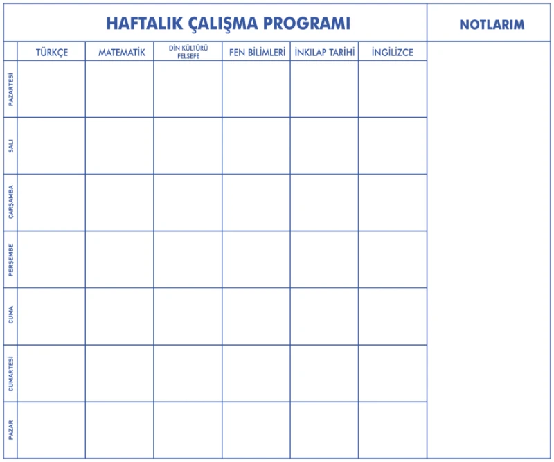 Statik Kağıt 5-6-7-8.Sınıf Haftalık Ders Çalışma Programı