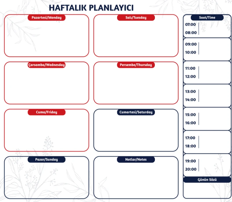 Statik Kağıt Haftalık Planlayıcı (Model -5) 