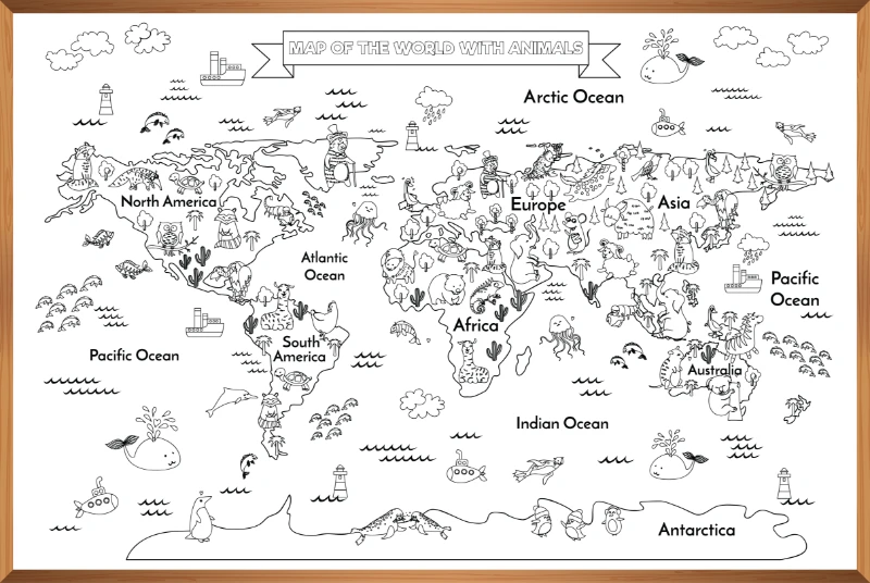 Statik Kağıt Hayvanlı Dünya Haritası Boyama 