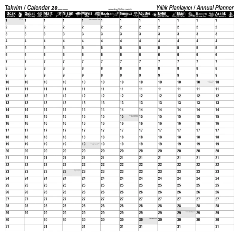 Statik Kağıt Yıllık Takvim Planlayıcı