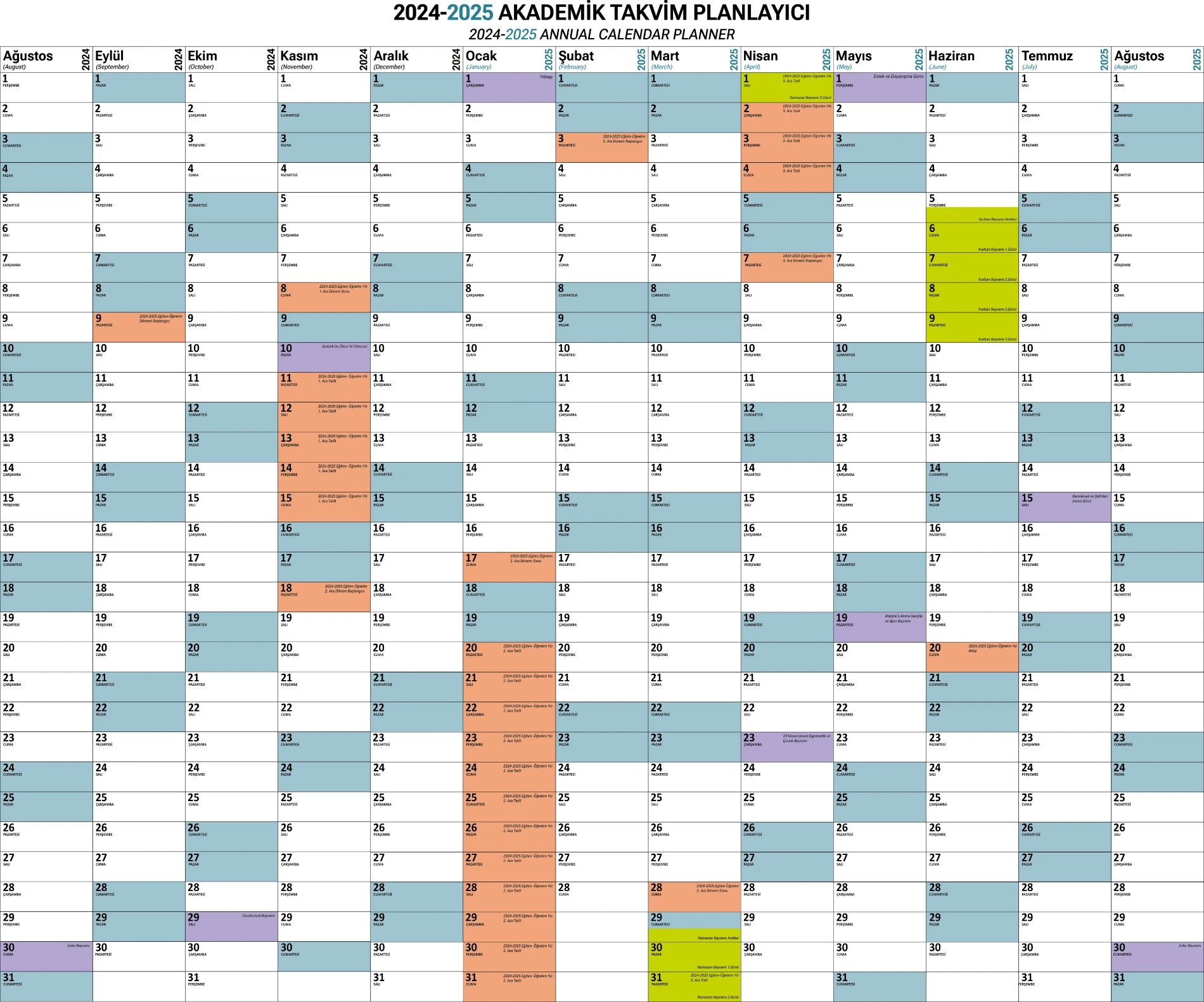 Statik Kağıt 2024-2025 Akademik Takvim Planlayıcı 