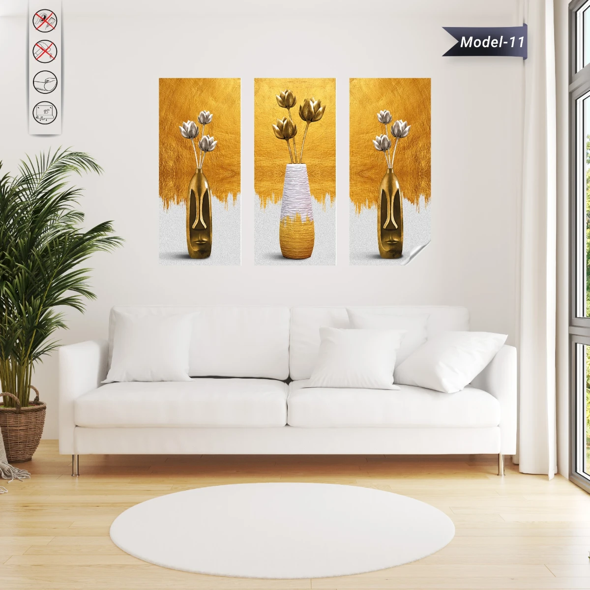 Statik Tutunma Özellikli Tablo - Poster Çiçek (Model- 11) (Gold)