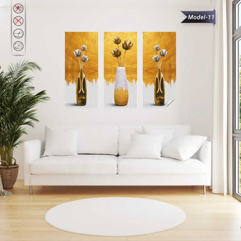 Statik Tutunma Özellikli Tablo - Poster Çiçek (Model- 11) (Gold)