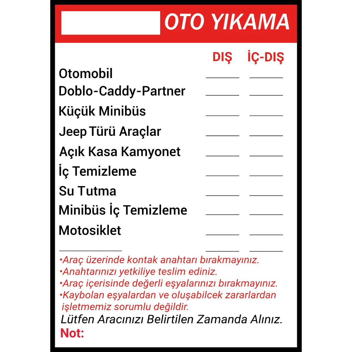 Yapışkanlı Oto Yıkama Fiyat Listesi  (Model- 25) 