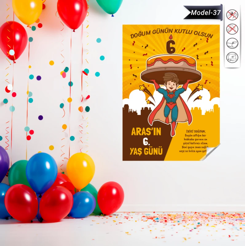 Statik Tutunma Özellikli Doğum Günü Tablo - Poster Özel Gün ( Model - 37)
