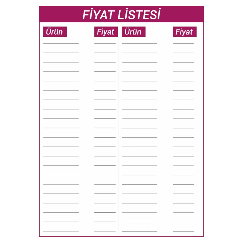 Yapışkanlı Fiyat Listesi  (Model- 26)